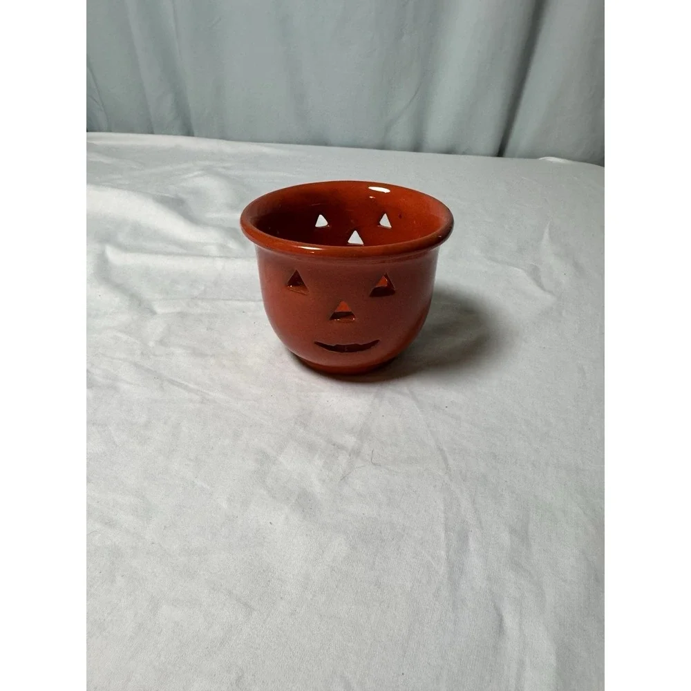Jack-O-Lantern Halloween Pumpkin Ceramic Candle Holder Orange Pier1 Vintage